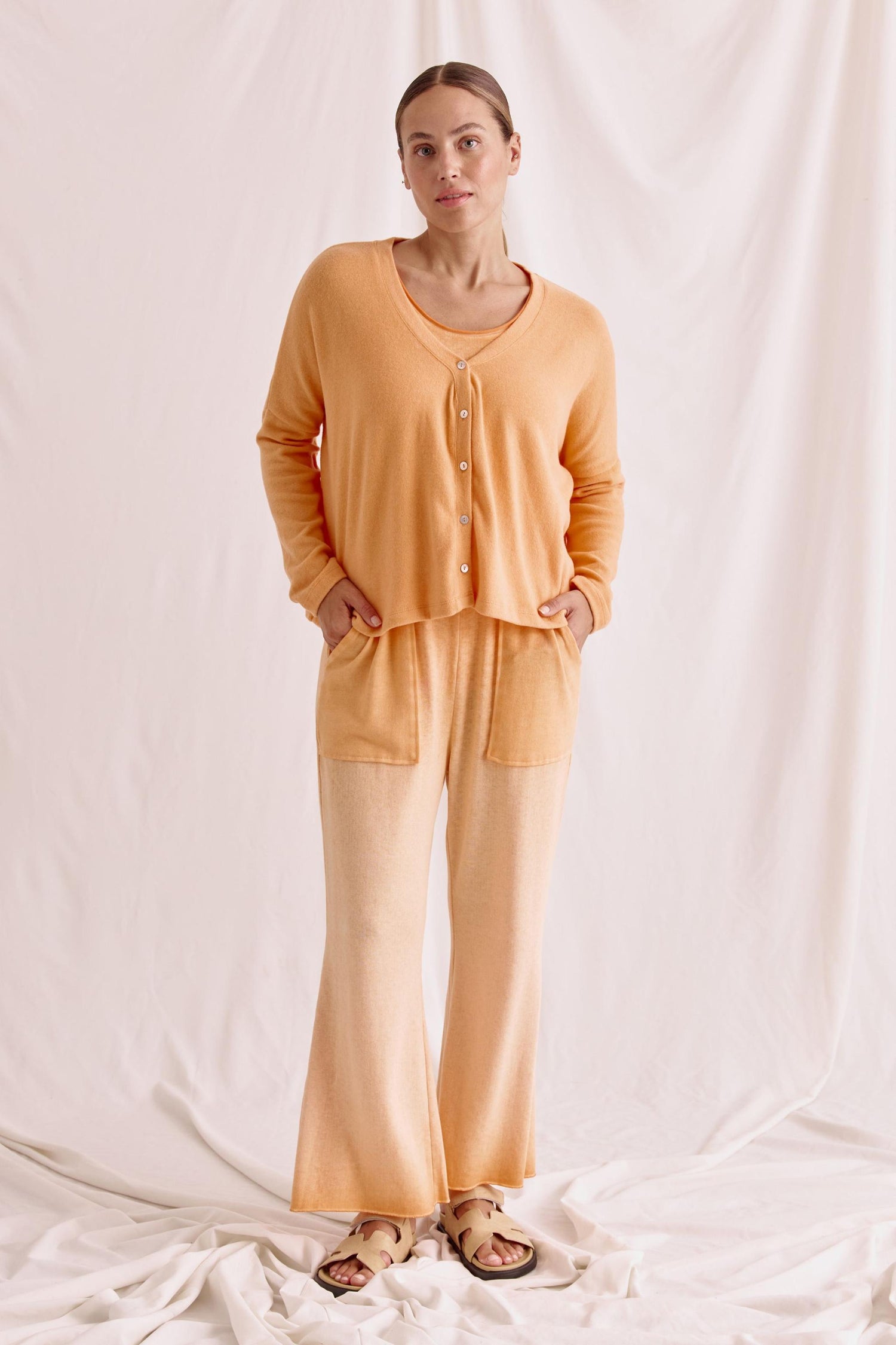 Short cozy cardigan with button placket and dropped shoulder