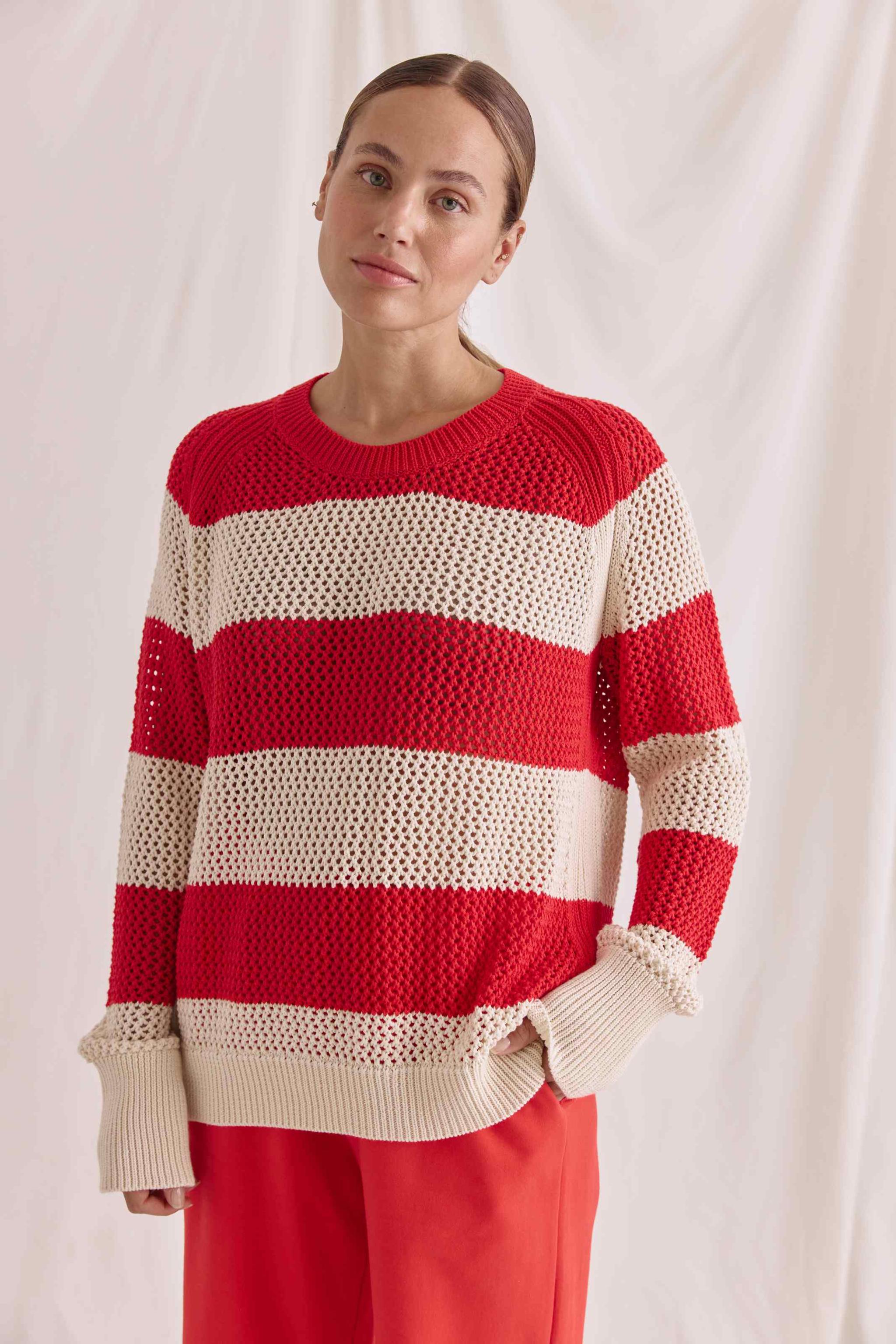 Offen Gestrickter Ringel 1/1 Arm Pullover Mit Rundhals