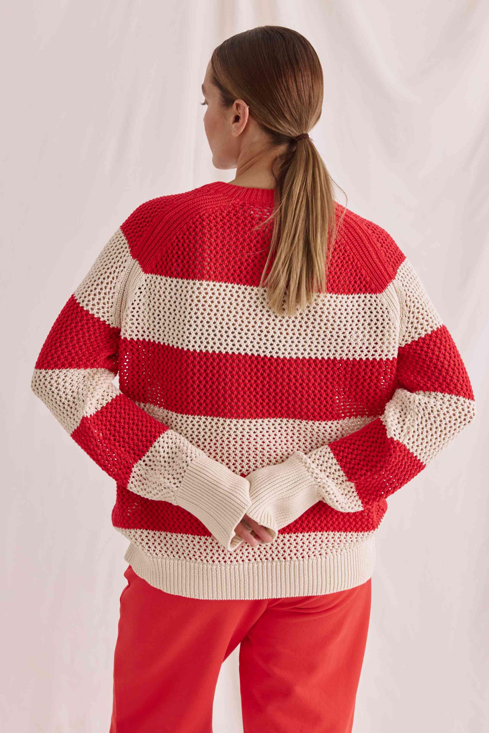 Offen Gestrickter Ringel 1/1 Arm Pullover Mit Rundhals