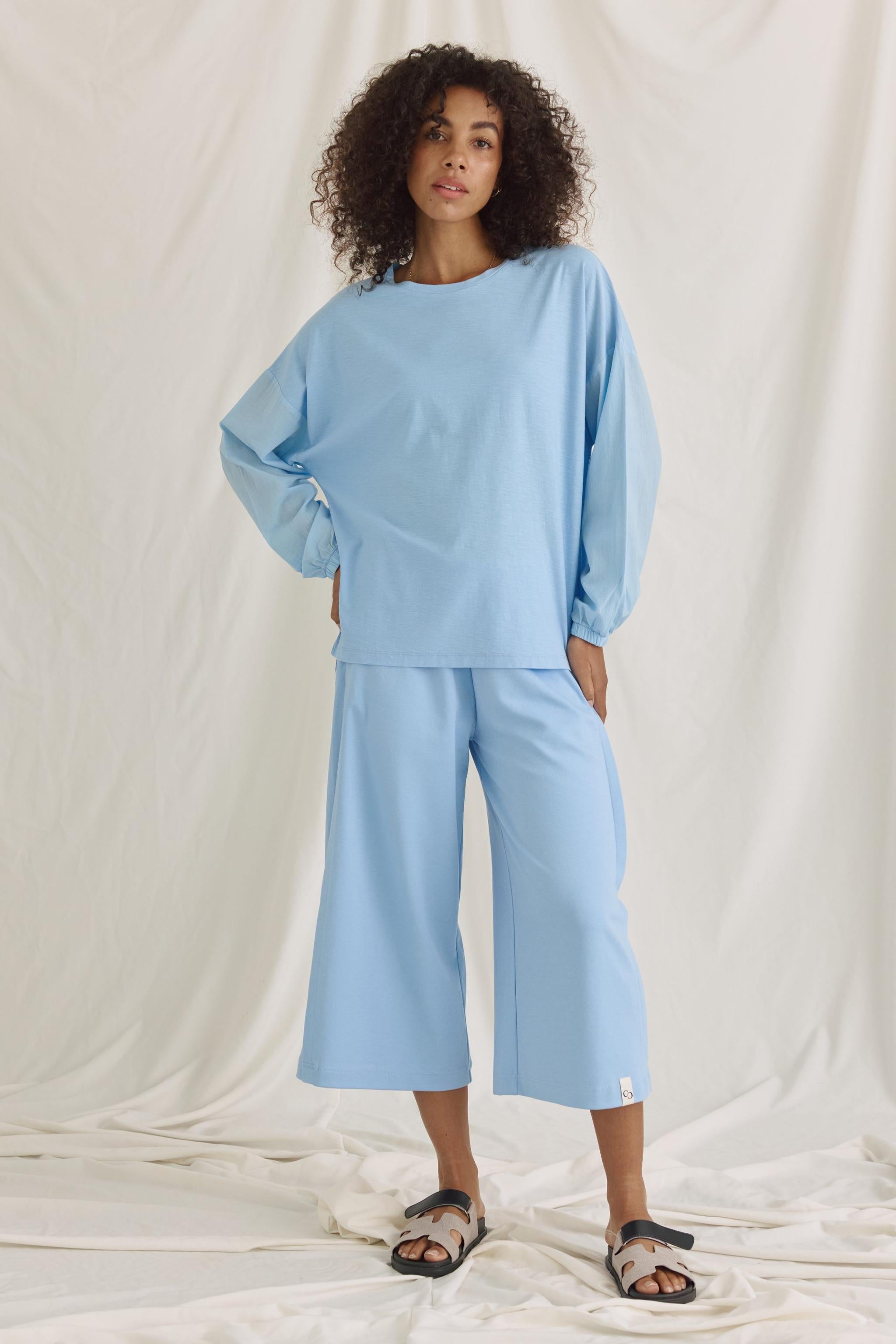 Material-Mix Langarmshirt Mit Ballonärmeln