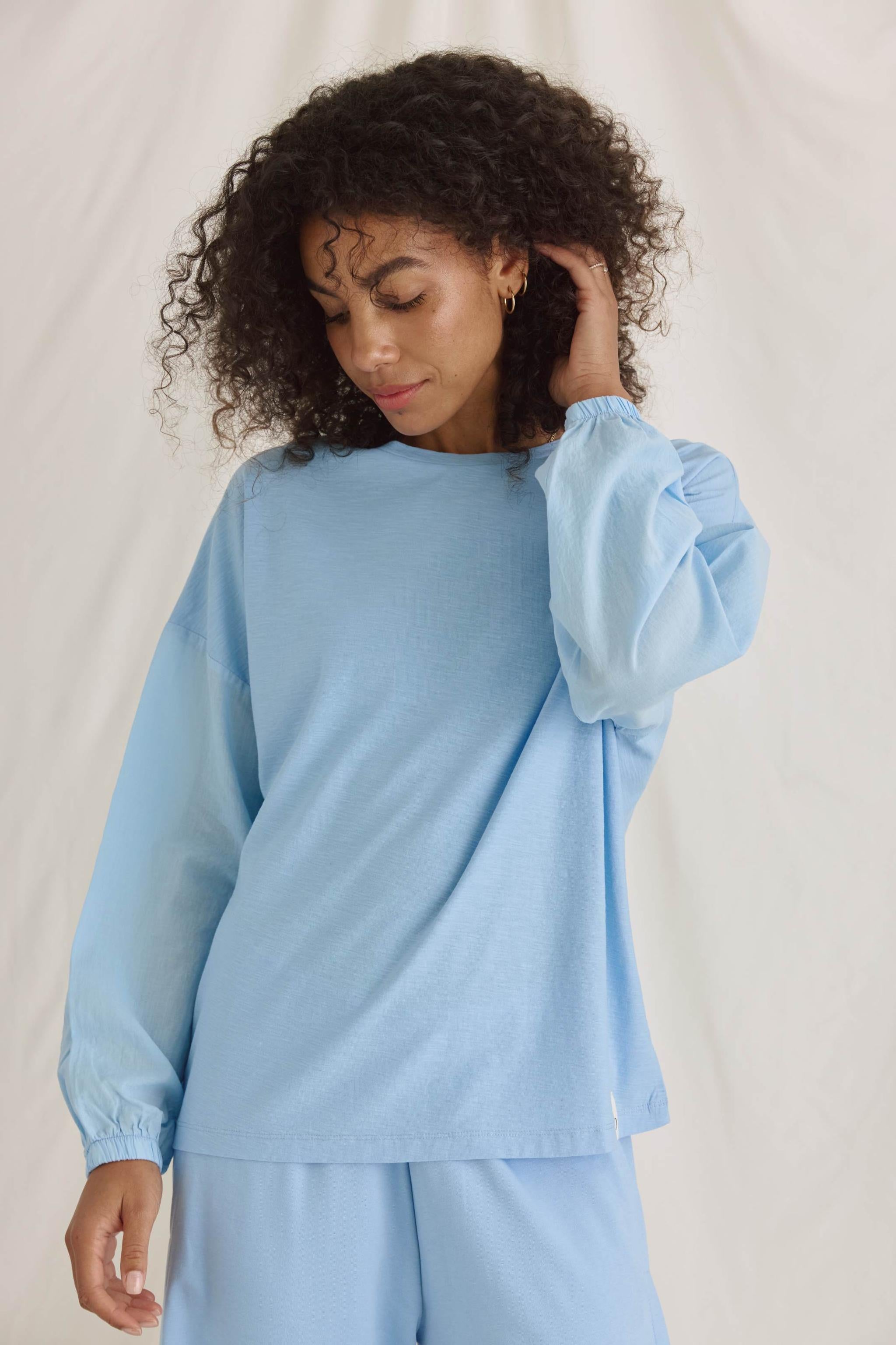 Material-Mix Langarmshirt Mit Ballonärmeln