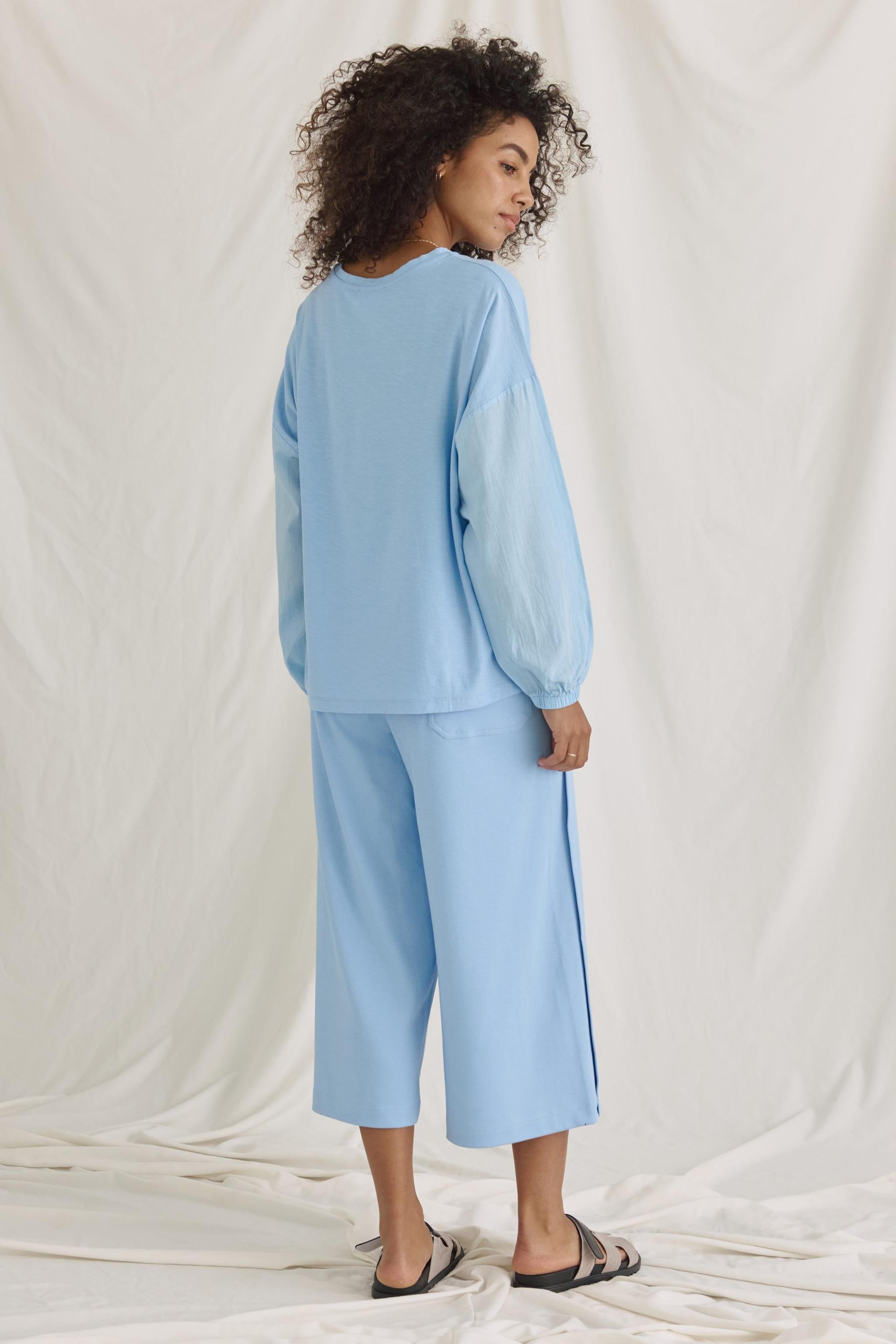 Material-Mix Langarmshirt Mit Ballonärmeln