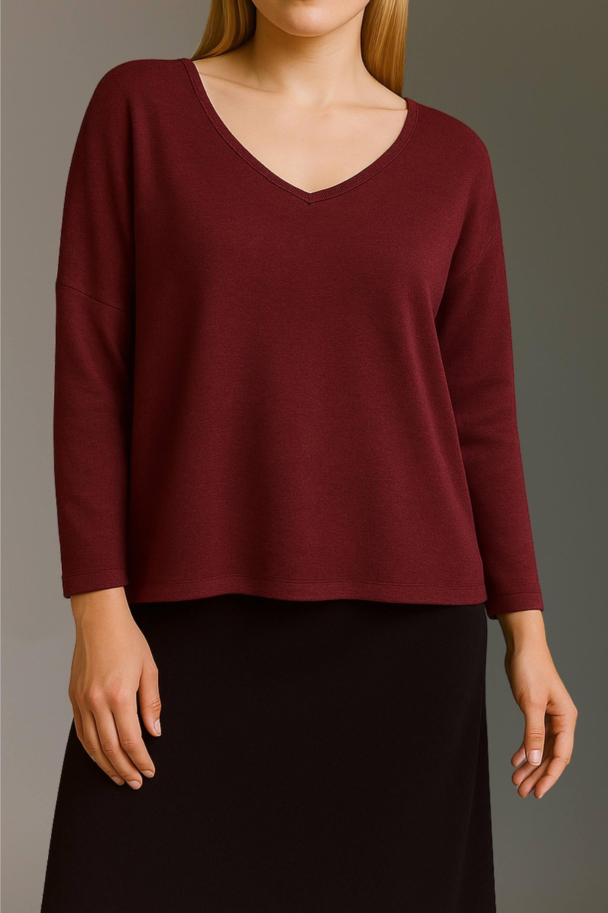 Strickoptik Langarmshirt Mit Weitem V-Hals Und Saumversatz