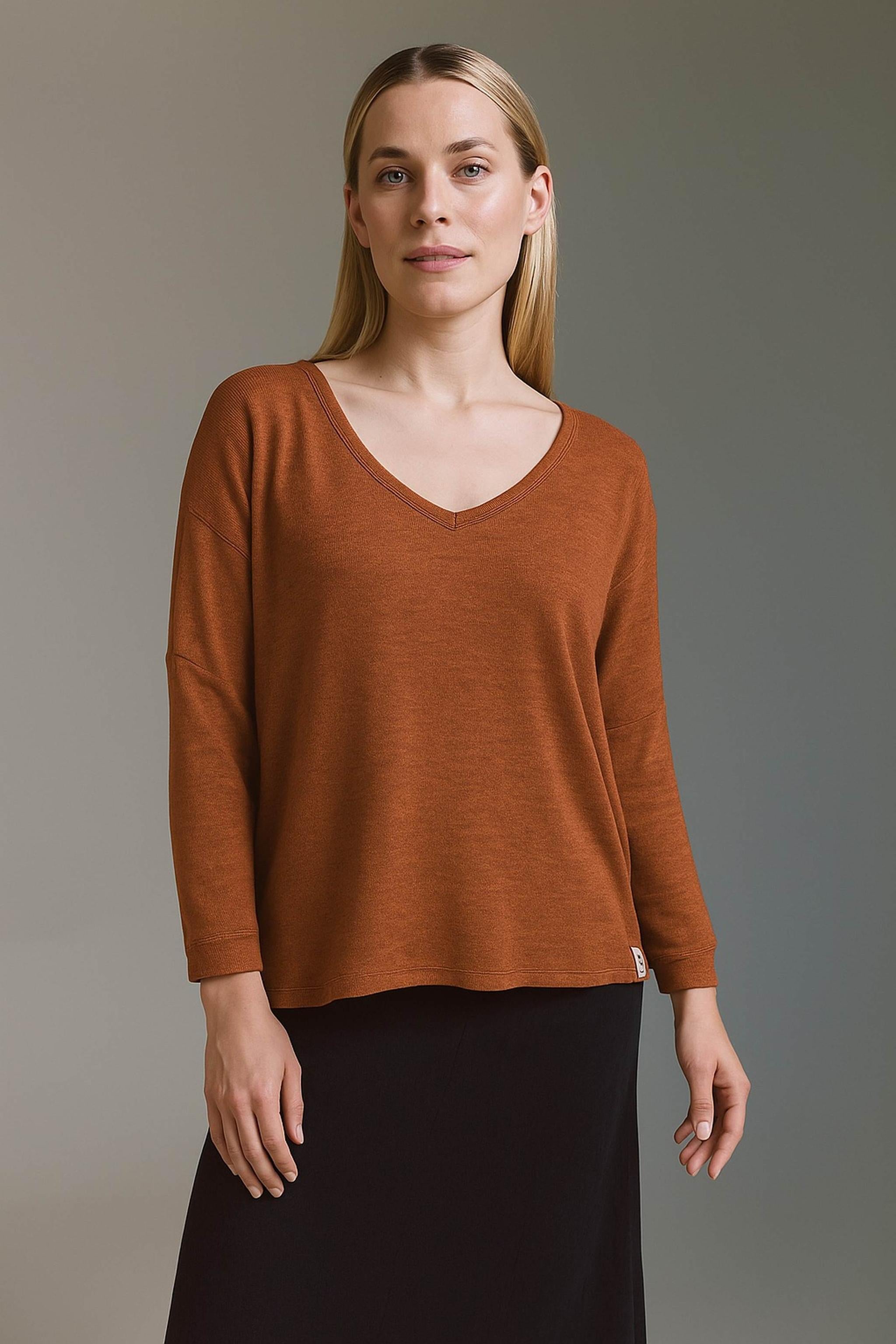 Strickoptik Langarmshirt Mit Weitem V-Hals Und Saumversatz