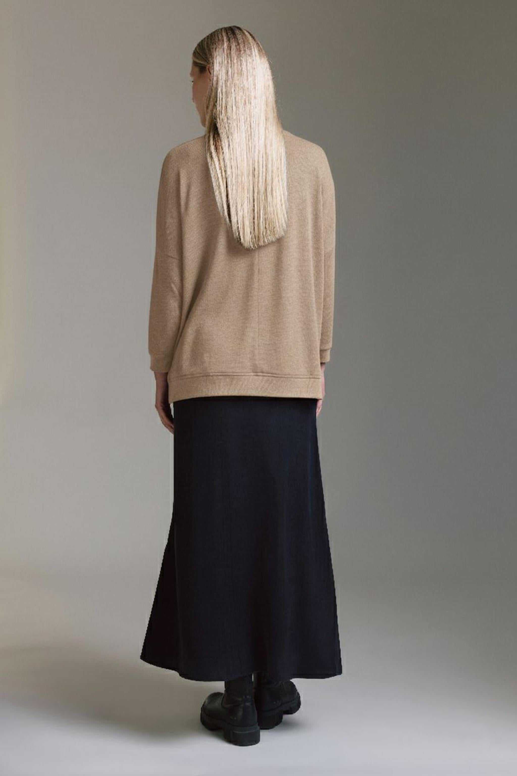 Strickoptik Langarmshirt Mit Weitem V-Hals Und Saumversatz