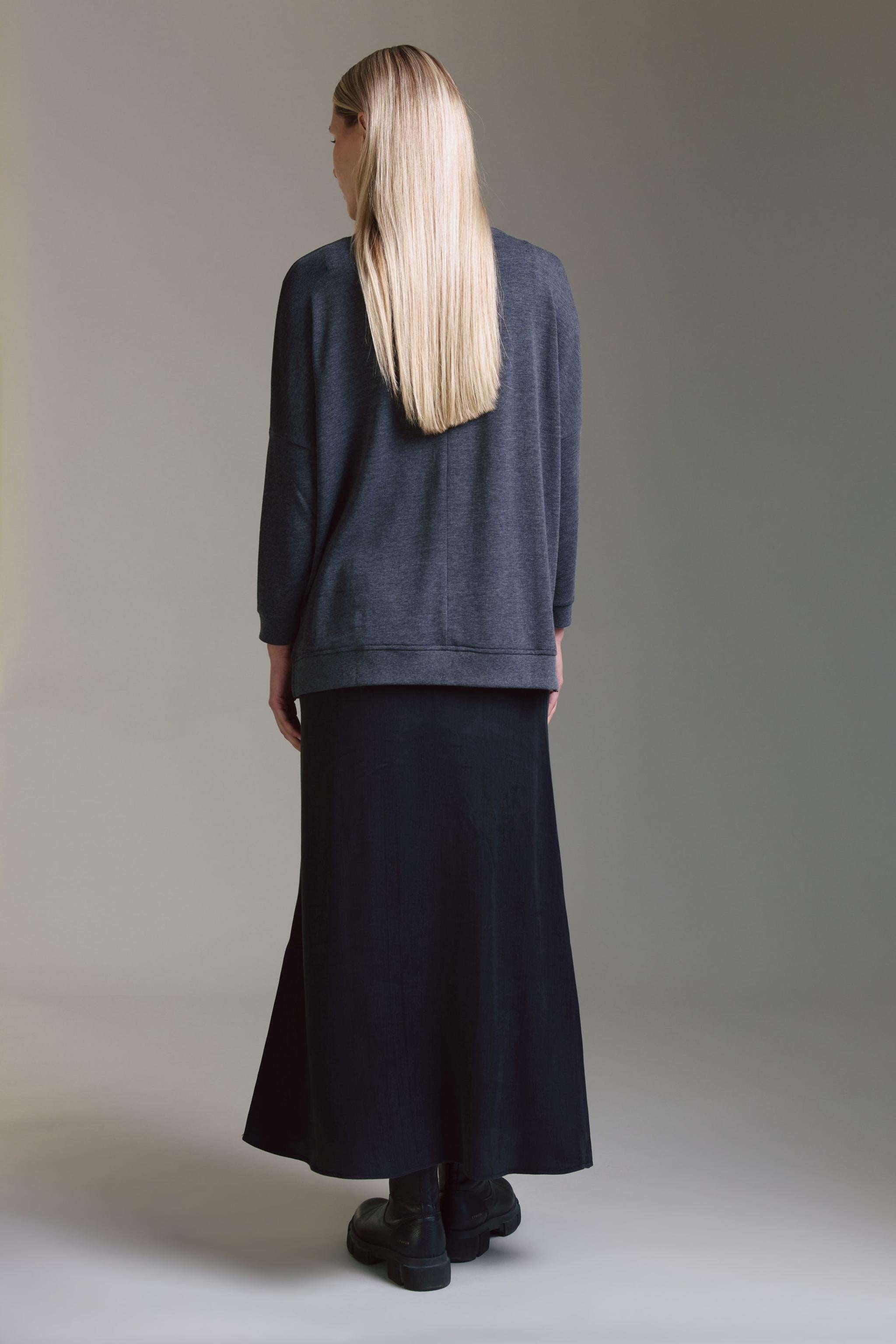 Strickoptik Langarmshirt Mit Weitem V-Hals Und Saumversatz