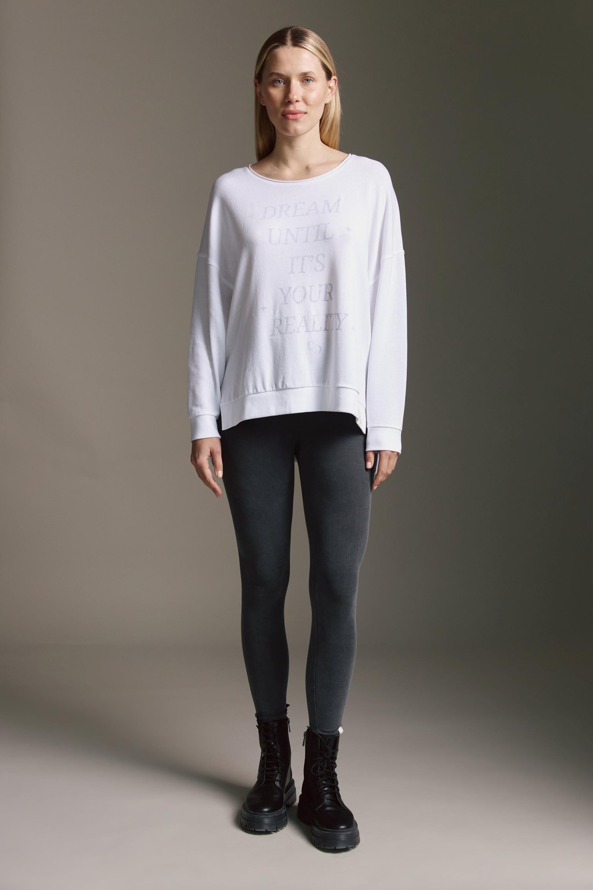 Strickoptik Langarmshirt Mit Rundhals, Seitenschlitzen Und Dream Until ItS Your Reality Druck