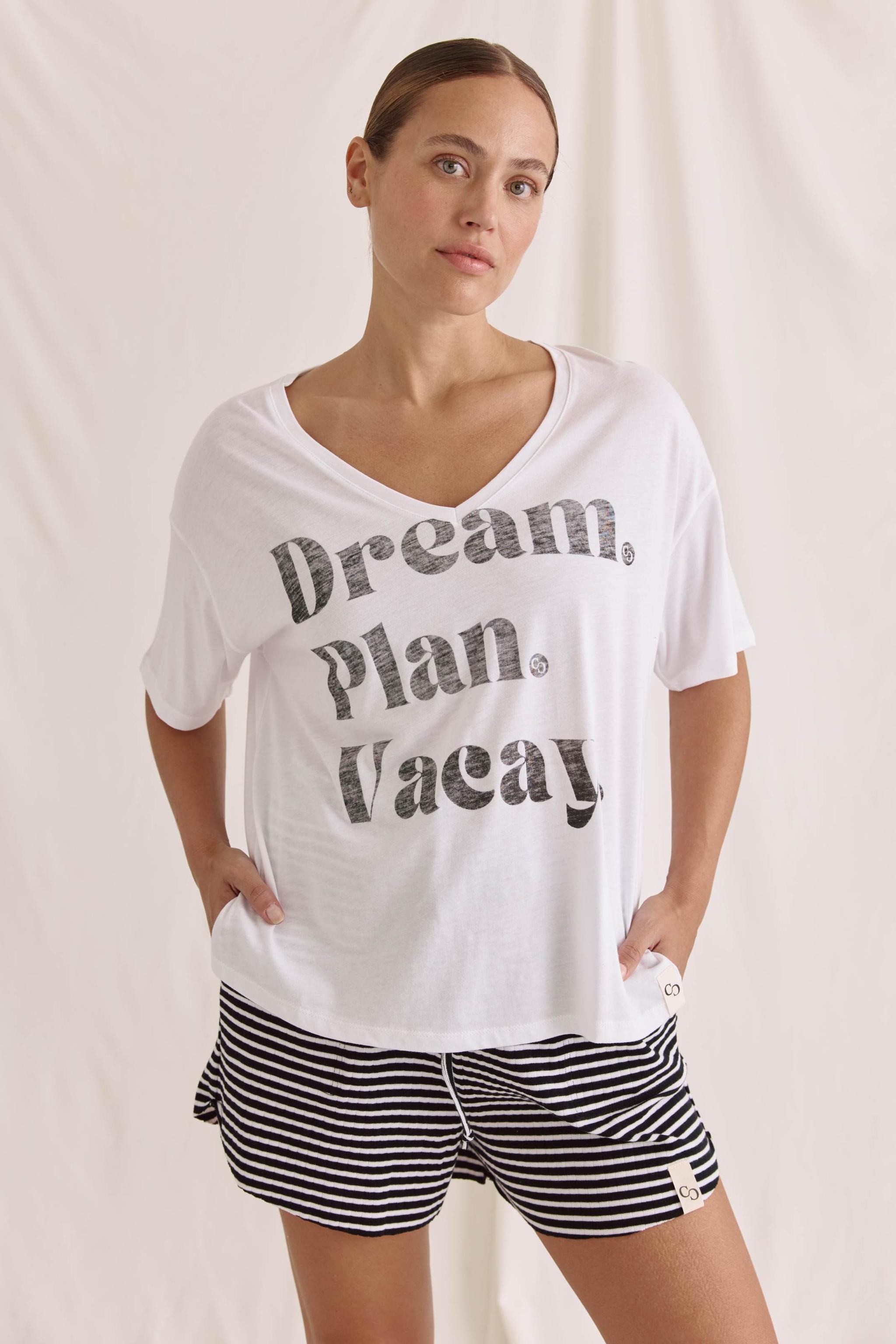 Softes T-Shirt Mit V-Hals Und Inside-Out Dream; Plean Vacay Druck