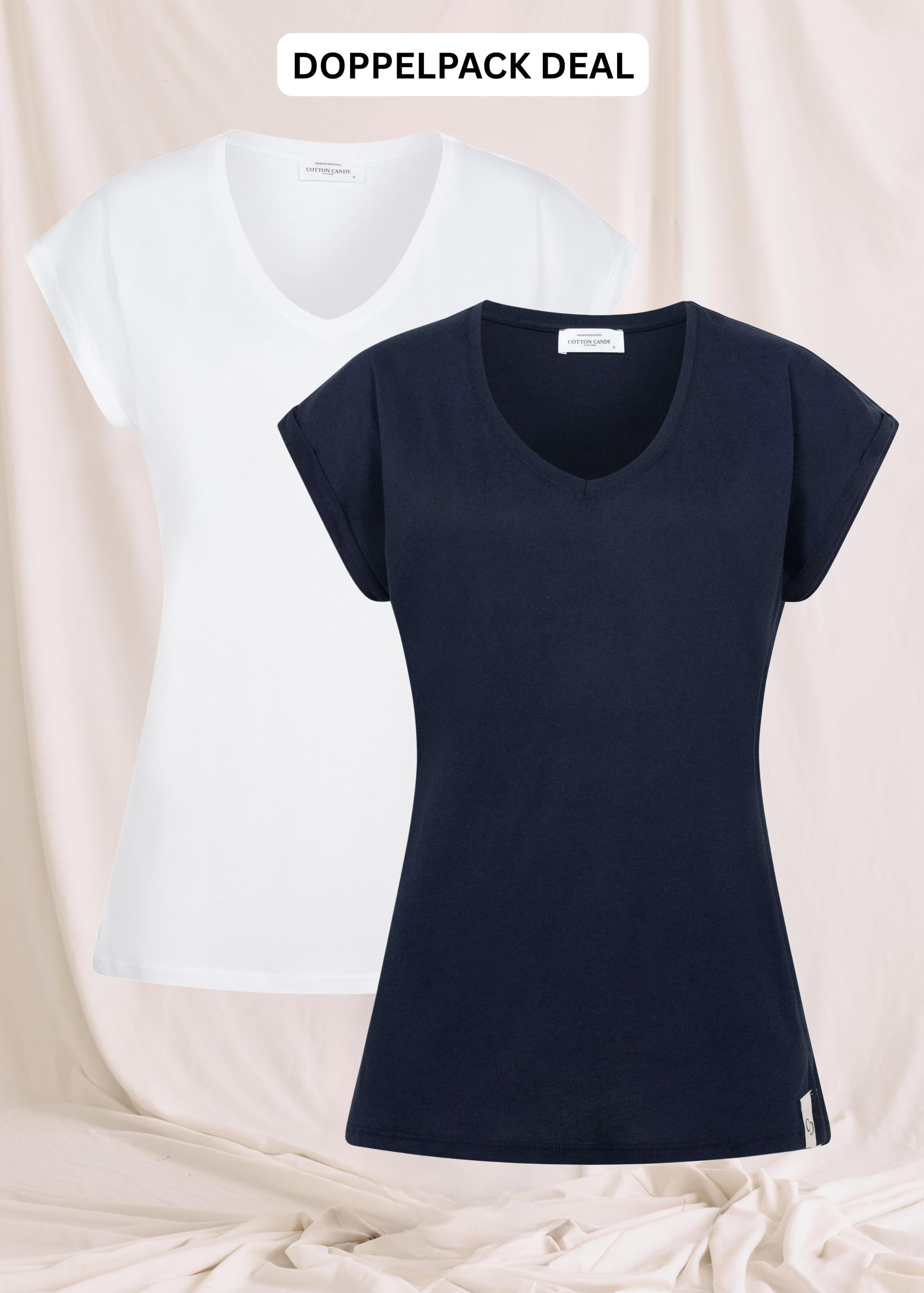 Basic T-Shirt Mit V-Neck Und Ärmelumschlag -Doppelpack