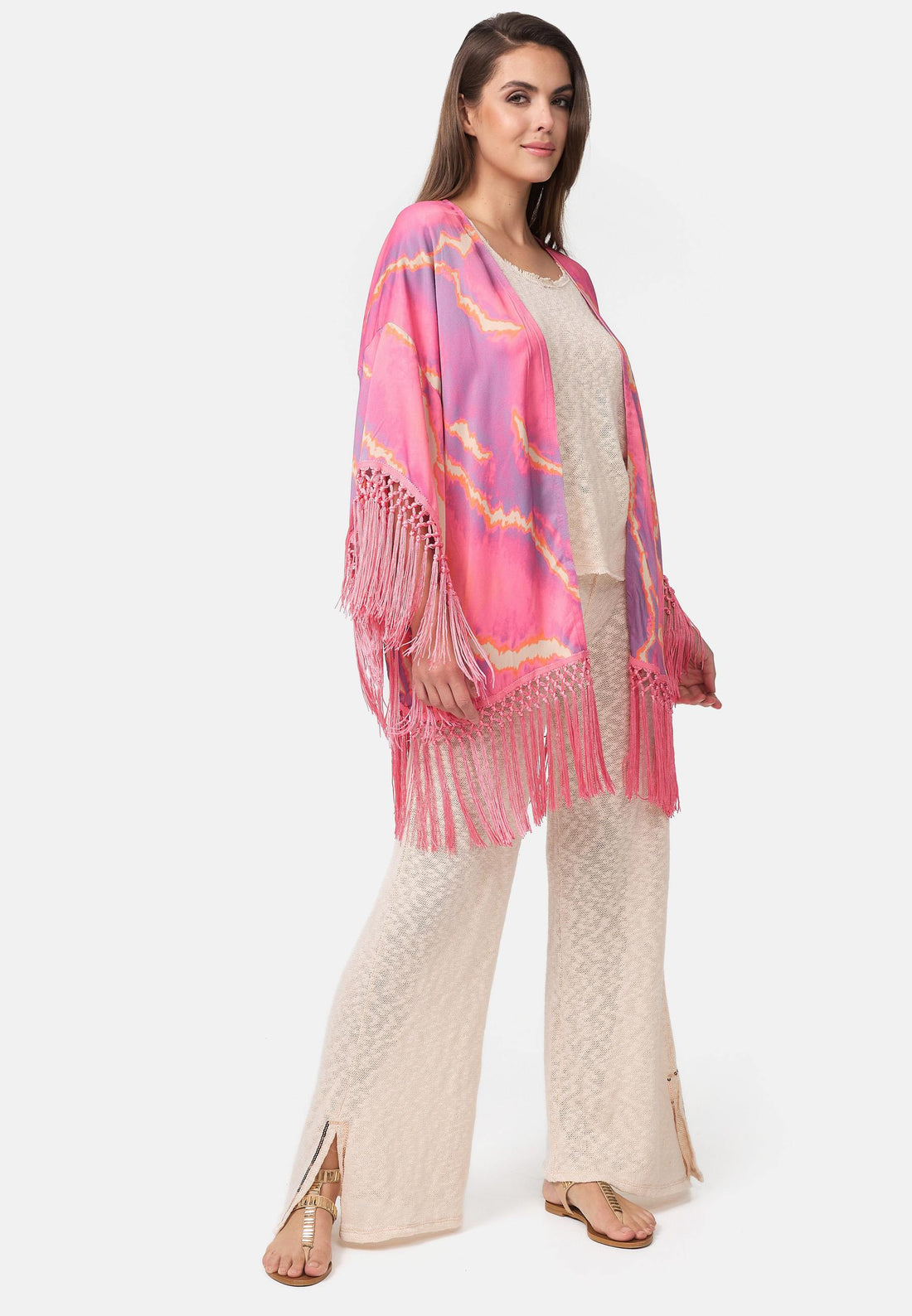 Satin Kimono Cardigan Mit Tassels Und Marble Aop