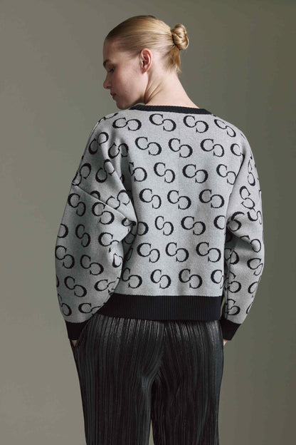 Intarsia Pullover Mit Rundhals Und Logo Aop