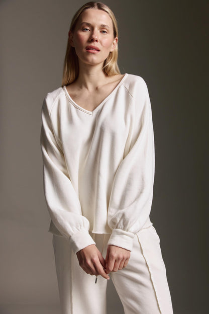 Softes V-Hals Sweatshirt Mit Ballonärmeln Und Blusenmanschette