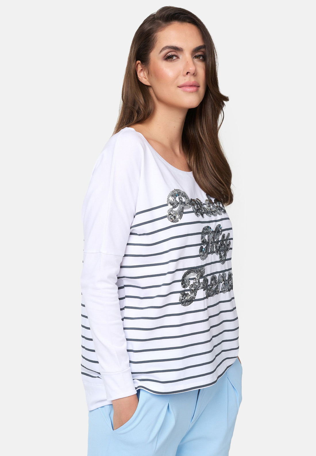 Softes Langarmshirt Mit Parziellem Ringel Und Pardon My French Pailettenstick