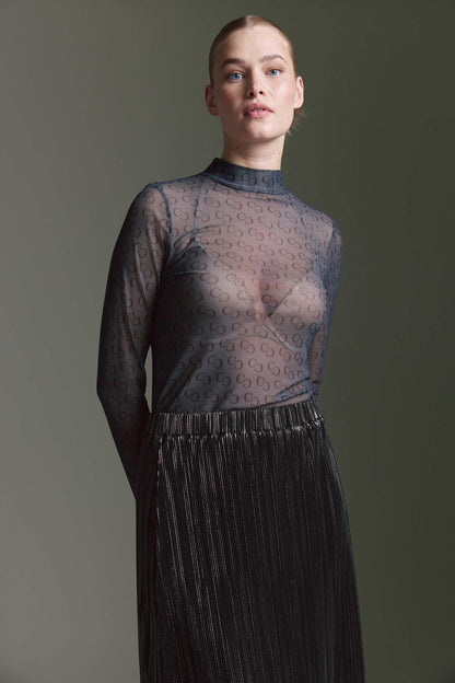 Sheer Langarmshirt Mit Stehkragen Und Logo Aop