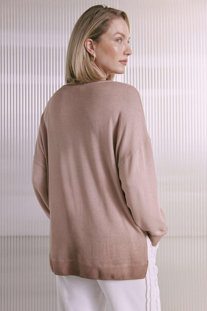 Cold Pigment Gefärbtes Strickoptik Langarmshirt Mit O-Hals, Seitenschlitzen Und Strickbündchen