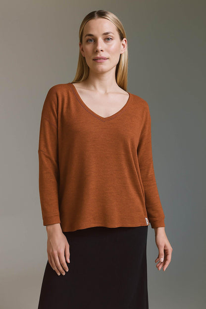 Strickoptik Langarmshirt Mit Weitem V-Hals Und Saumversatz