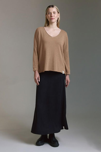 Strickoptik Langarmshirt Mit Weitem V-Hals Und Saumversatz