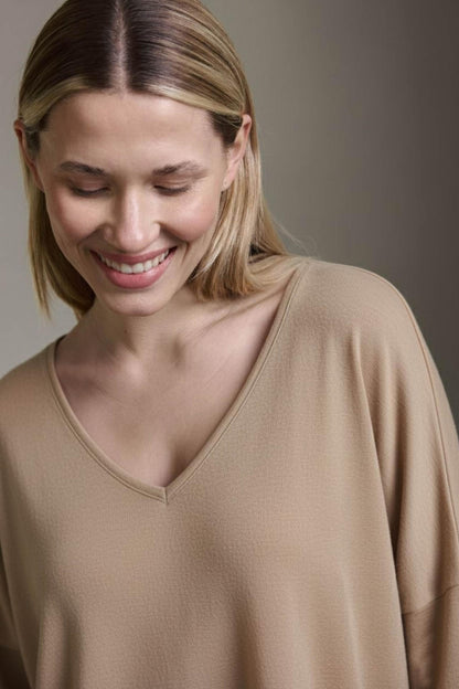 Strickoptik Langarmshirt Mit Weitem V-Hals Und Saumversatz