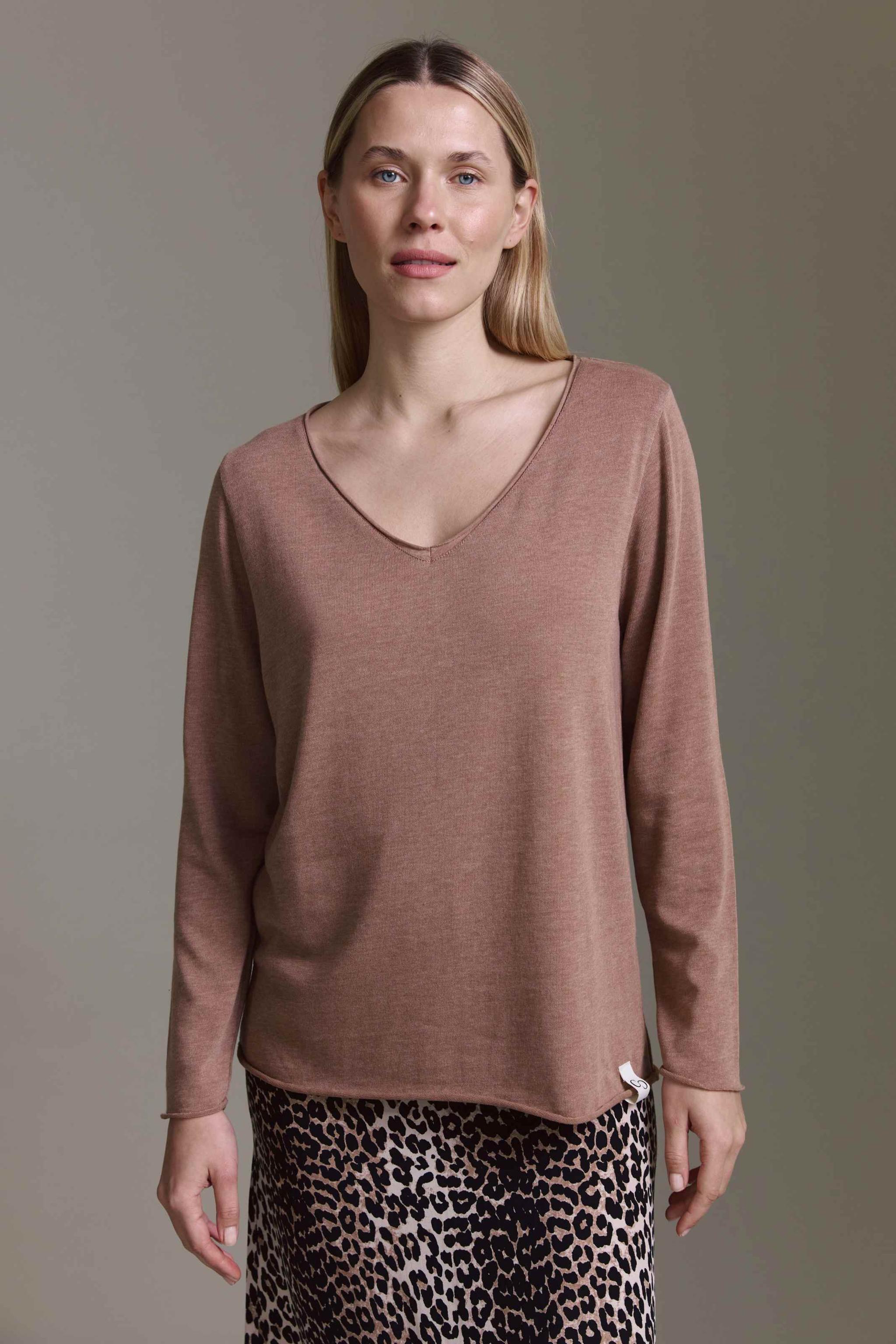 Strickoptik Langarmshirt Mit V-Hals Und Rollkanten