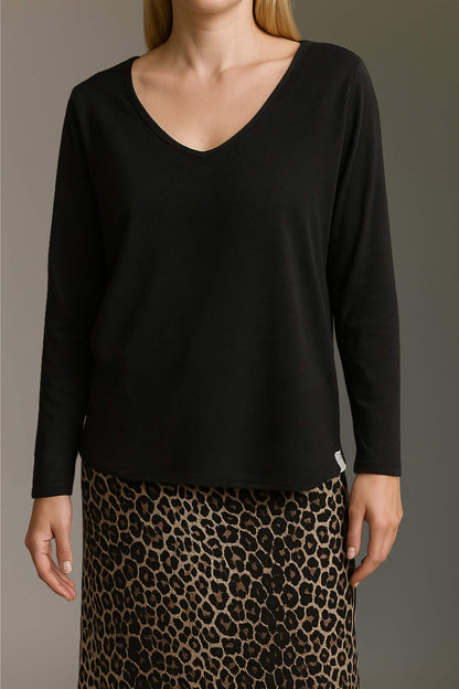 Strickoptik Langarmshirt Mit V-Hals Und Rollkanten