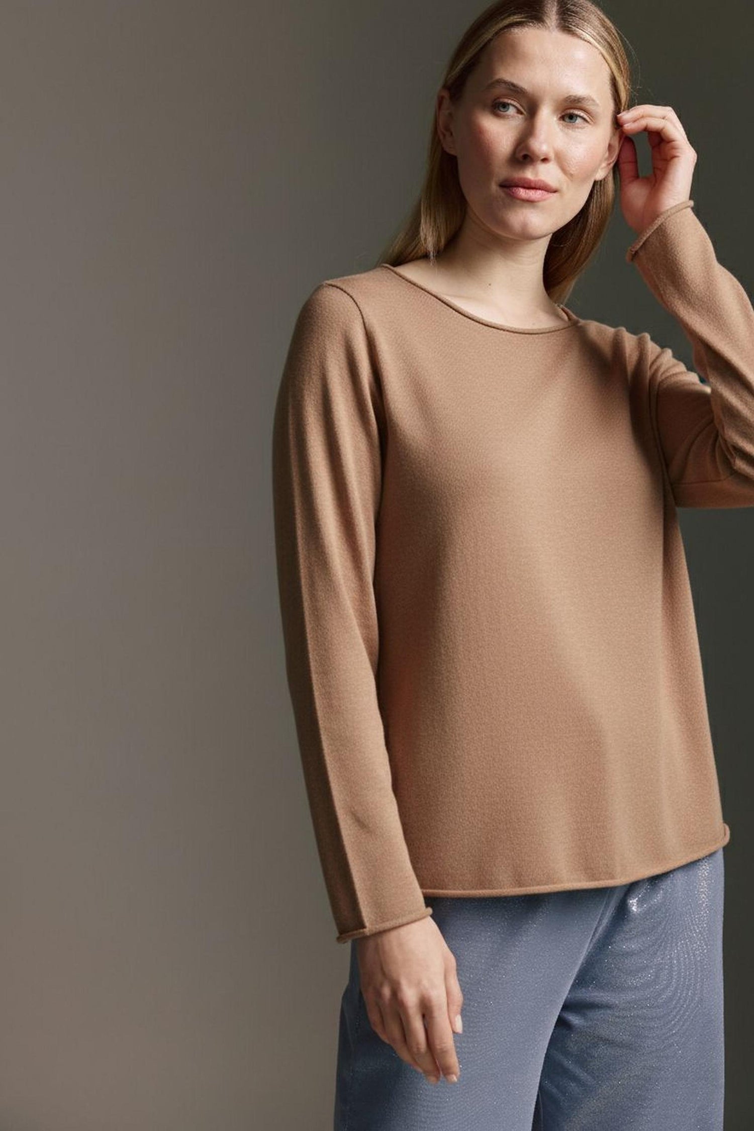 Strickoptik Langarmshirt Mit Rundhals Und Rollkanten