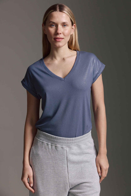 Geripptes T-Shirt Mit V-Hals, Ärmelumschlag Und Glitterprint